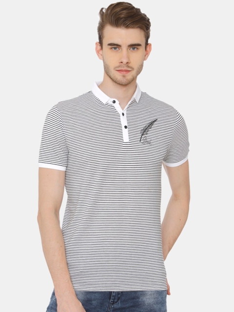 

Rex Straut Jeans Men Black & White Striped Polo Collar T-shirt