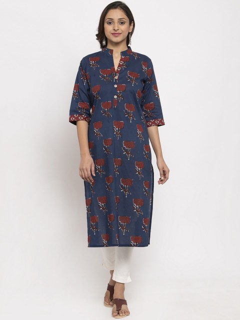

TAG 7 Women Navy Blue & Maroon Floral Printed Straight Kurta