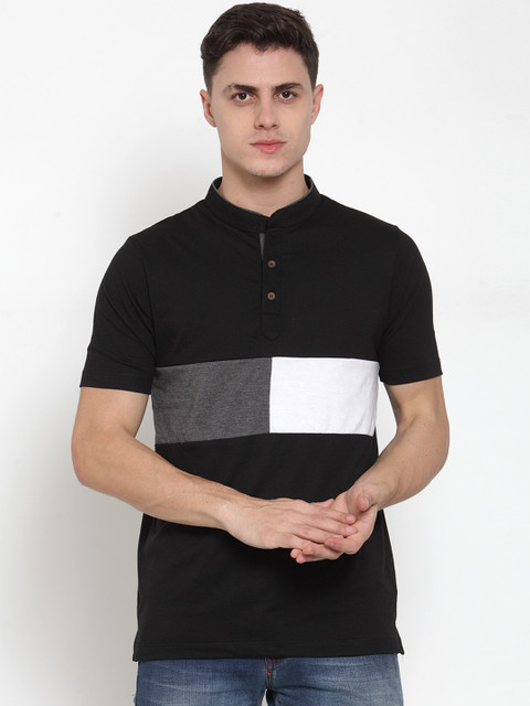 

Kalt Men Black Colourblocked Mandarin Collar T-shirt