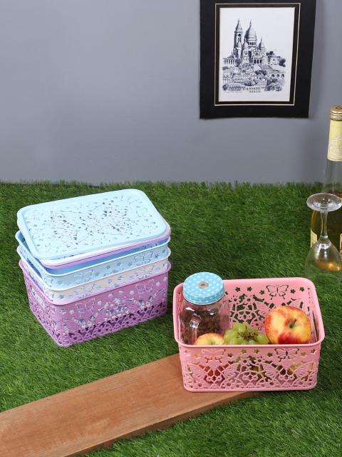 

TIED RIBBONS TIED RIBBONS Set of 4 Textured Plastic Baskets With Lids, Blue
