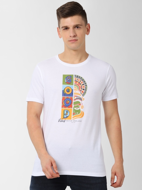 

Peter England Men White Printed Round Neck Pure Cotton T-shirt
