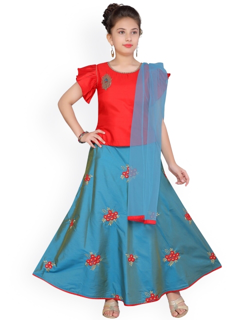 

Aarika Girls Red & Blue Solid Ready to Wear Lehenga & Blouse with Dupatta
