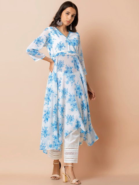 

INDYA Women White & Blue Floral Printed Tunic