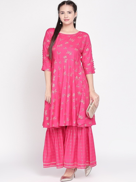 

WomenMagic Women Pink & Gold Printed Kurta with Sharara Set