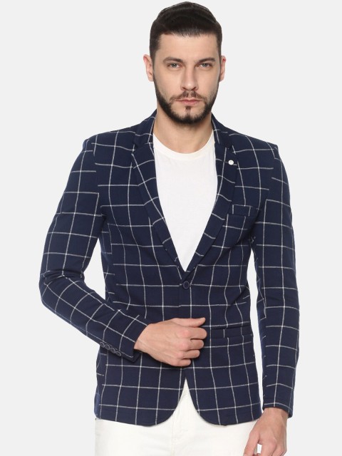 

SHOWOFF Men Navy Blue Checked Slim-Fit Single-Breasted Casual Blazer