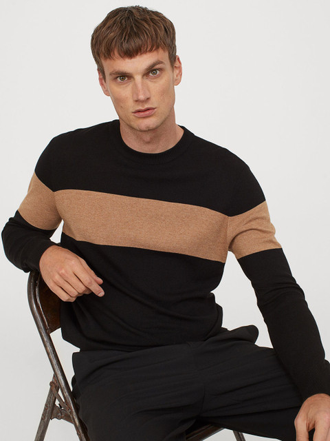 

H&M Men Black & Brown Colourblocked Fine-Knit Jumper