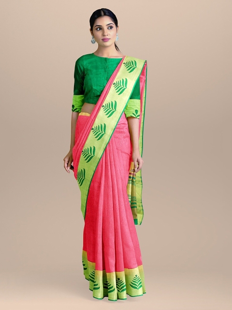 

BharatSthali Red & Green Silk Cotton Solid Saree