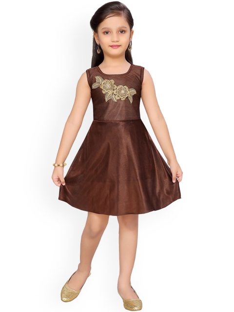 

Aarika Girls Coffee Brown Solid Applique Fit and Flare Dress