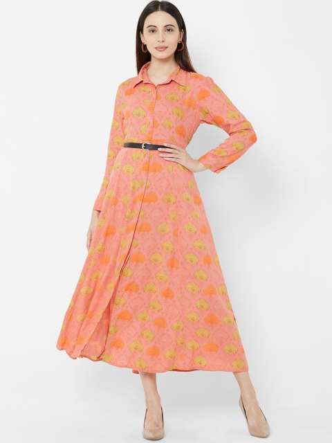 

Vedic Women Peach-Coloured Printed A-Line Dress