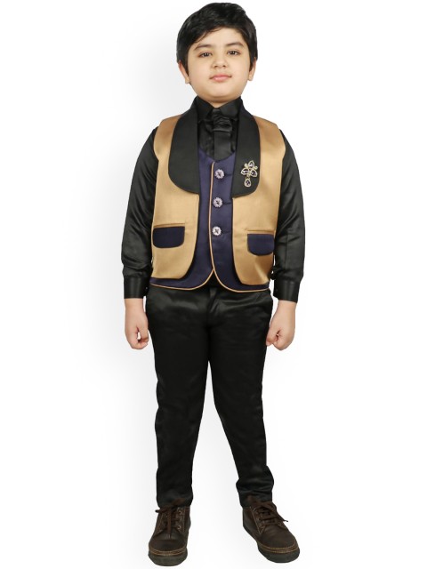 

SG YUVRAJ Boys Black & Brown Solid Raw Silk Suit Set