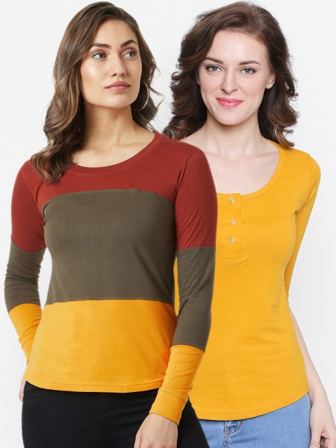 

The Dry State Women Pack of 2 Solid Round Neck T-shirts, Yellow