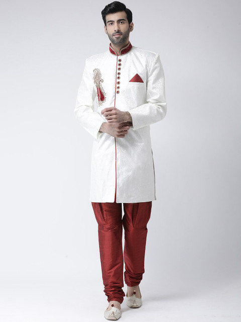 

SG LEMAN Men White & Maroon Solid Sherwani Set