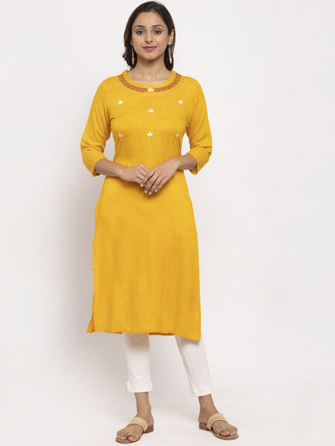 

TAG 7 Women Yellow & Off-White Embroidered Straight Kurta