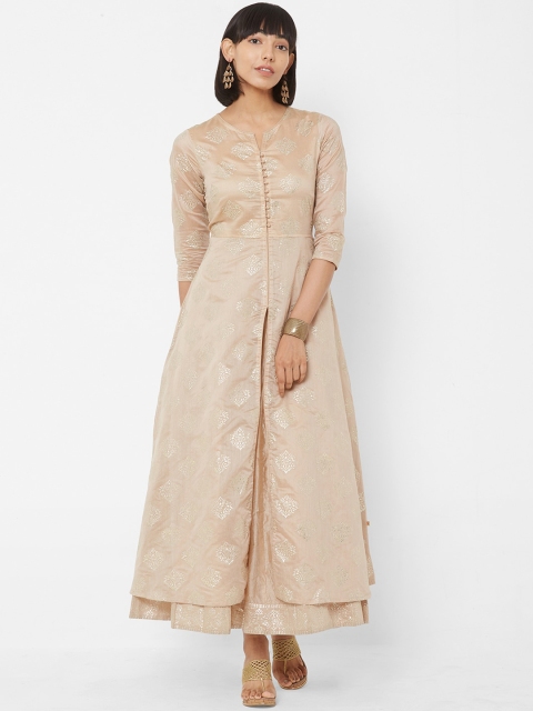 

Vedic Women Beige & Gold Foil Print Layered Maxi Dress