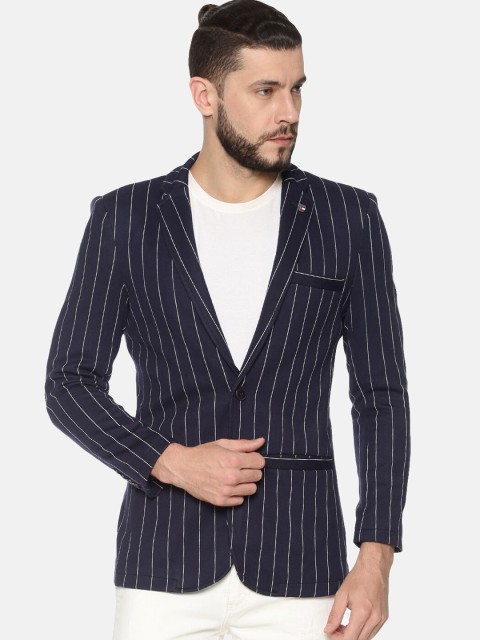 

SHOWOFF Men Navy Blue & White Striped Slim-Fit Single-Breasted Casual Blazer