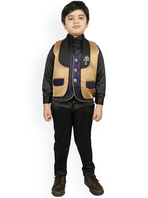 

SG YUVRAJ Boys Black & Brown Solid Raw Silk Suit Set