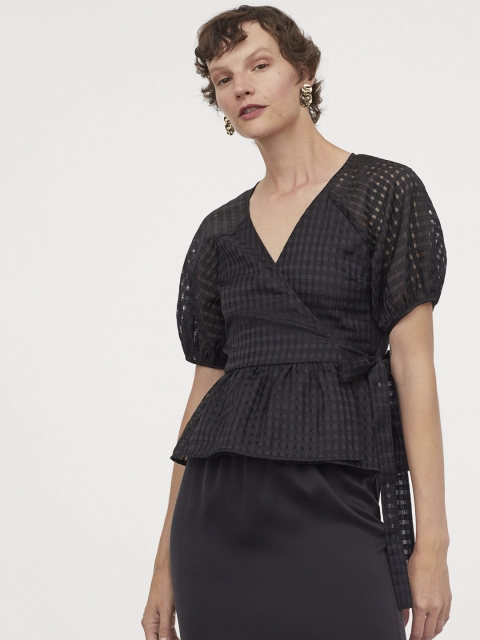 

H&M Women Black Puff-Sleeved Wrapover Blouse