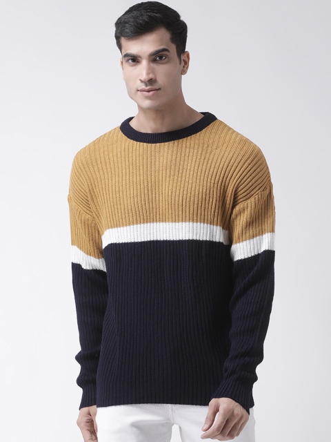 

Club York Men Mustard Yellow & Navy Blue Colourblocked Pullover Sweater
