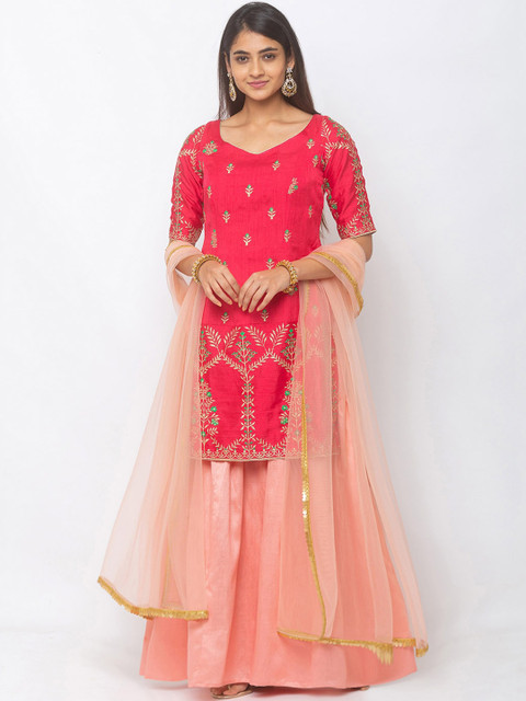 

6Y COLLECTIVE Women Pink & Peach-Coloured Embroidered Kurta with Sharara & Dupatta