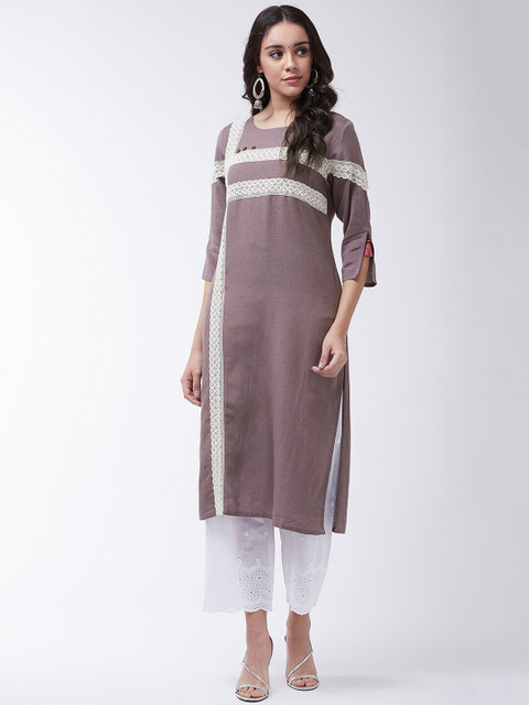 

InWeave Women Taupe & Off-White Schiffli Kurta with Chikankari Trousers