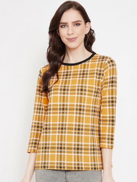 

Hypernation Women Yellow & Black Checked Round Neck T-shirt