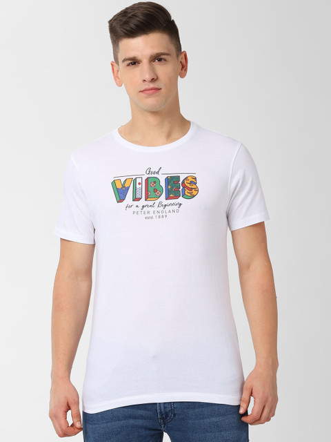 

Peter England Men White Printed Round Neck Pure Cotton T-shirt