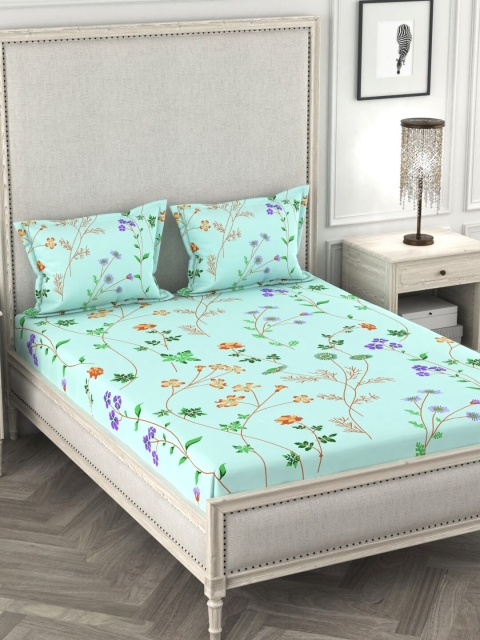

URBAN SPACE Sea Green Floral 120 TC Cotton 1 Queen Bedsheet with 2 Pillow Covers