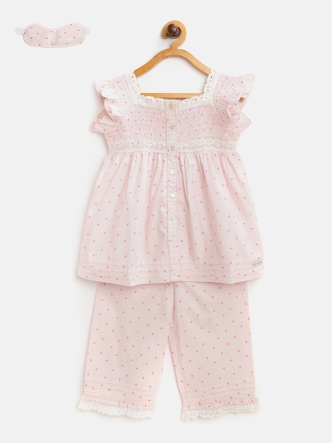 

Cherry Crumble Girls Pink Printed Night Suit With Eye Mask