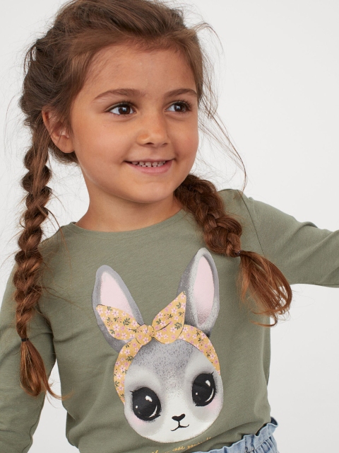 

H&M Girls Green & Grey Printed Cotton Top