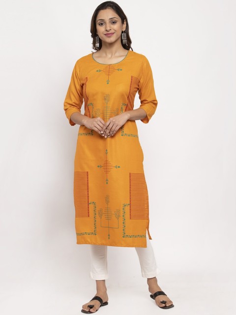 

TAG 7 Women Yellow Embroidered A-Line Kurta