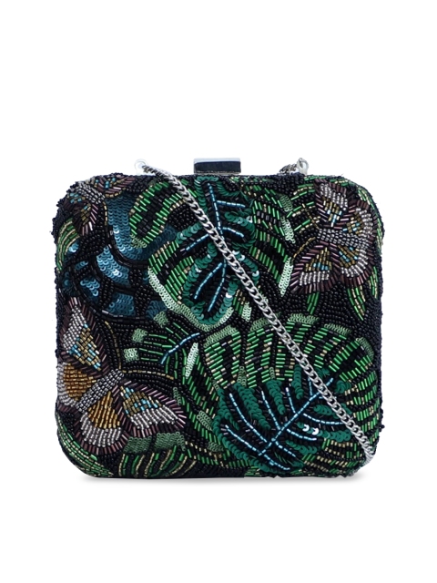

Diwaah Black & Green Floral Embellished Hand-made Box Clutch