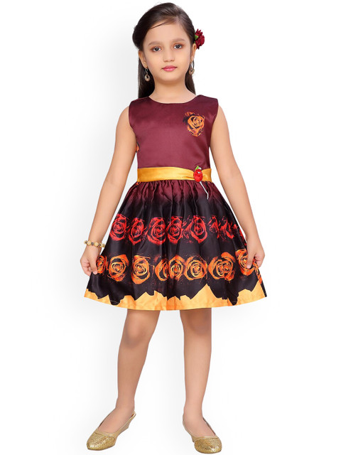 

Aarika Girls Coffee Brown And Black Floral Printed A-Line Dress
