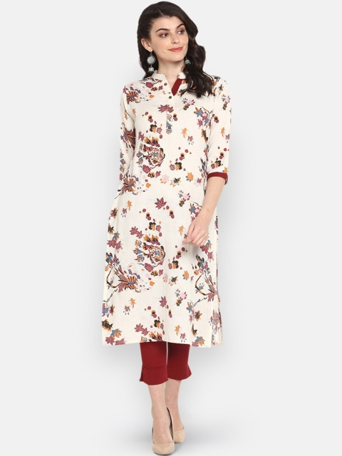 

Women Cream-Coloured & Maroon Floral Printed Straight Kurta