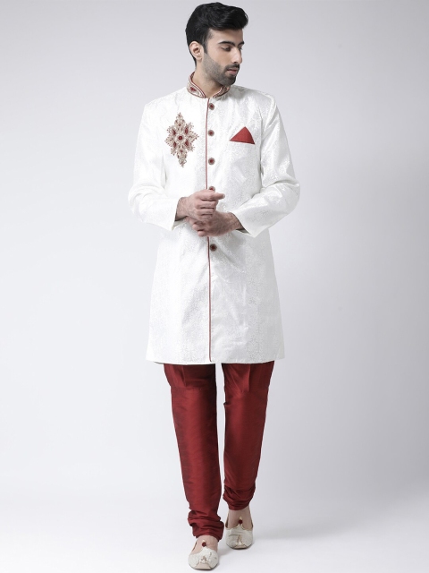 

SG LEMAN Men Maroon & White Solid Sherwani Set