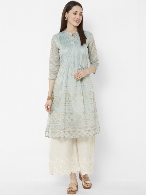 

Vedic Women Turquoise Blue Foil Printed A-Line Kurta