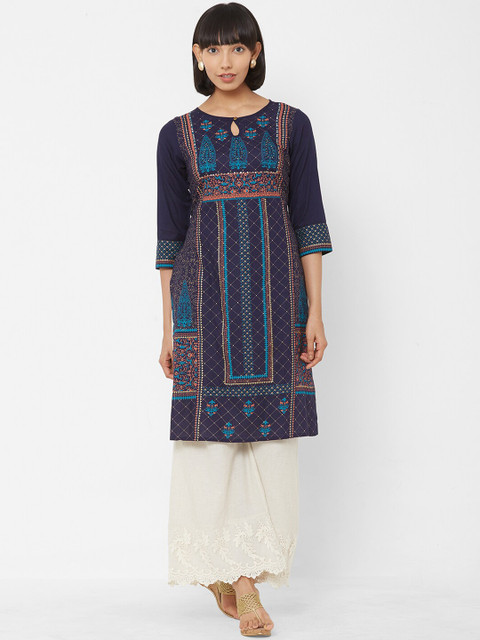 

Vedic Women Navy Blue Embroidered A-Line Kurta