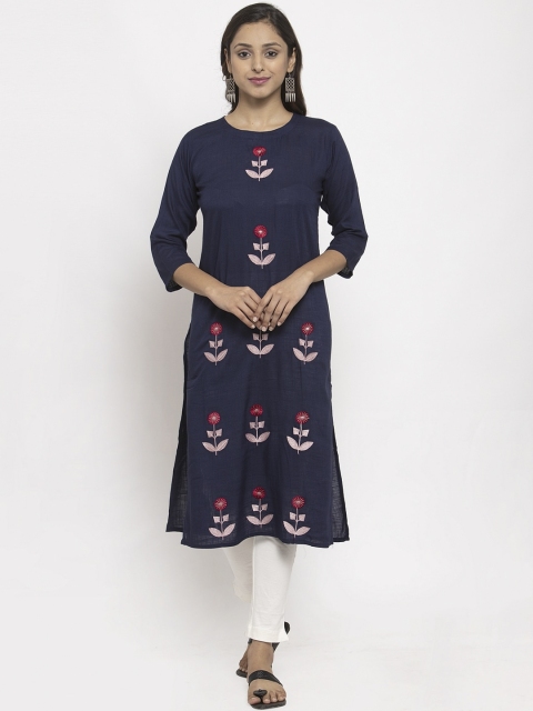 

TAG 7 Women Navy Blue Embroidered Straight Kurta