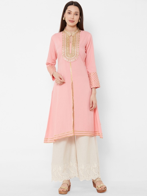 

Vedic Women Pink & Gold-Coloured Embroidered A-Line Kurta