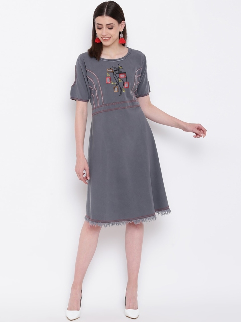 

Kvsfab Women Grey Printed Fit and Flare Dress