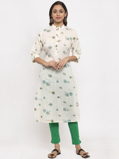 

TAG 7 Women White & Green Printed Straight Kurta