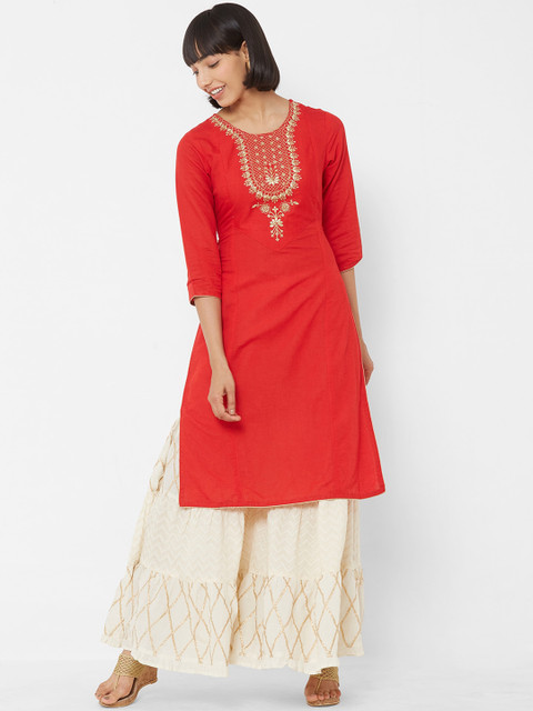 

Vedic Women Red Solid Straight Kurta With Embroidered Detail