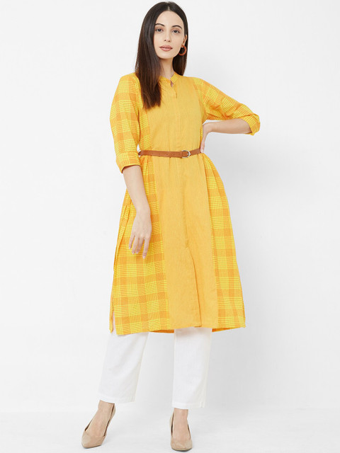 

Vedic Women Yellow Checked A-Line Kurta