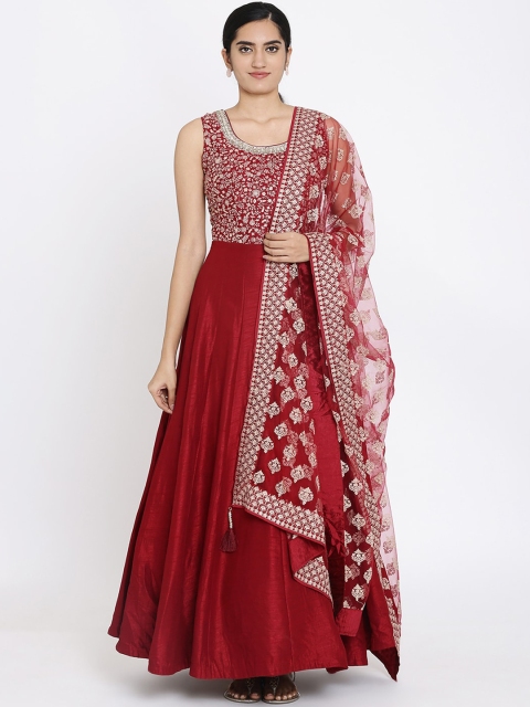 

Koskii Women Maroon & Silver-Coloured Embellished Maxi Ethnic Dress with Dupatta