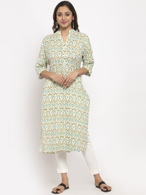 

TAG 7 Women White & Green Printed Straight Kurta