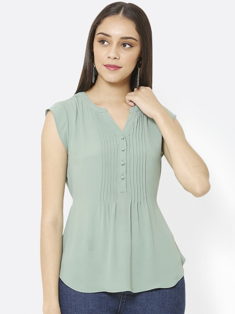 

QUIERO Women Green Solid Cinched Waist Top