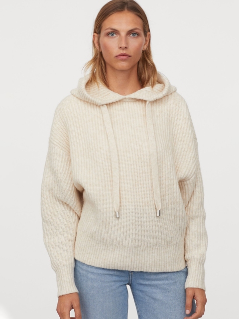 

H&M Women White Rib-Knit Hoodie