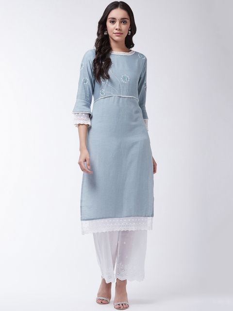 

InWeave Women Blue & White Yoke Design Chikan Work Kurta with Trousers