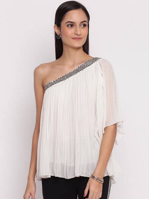 

TRENDY DIVVA Women White Solid Embroidered A-Line Top