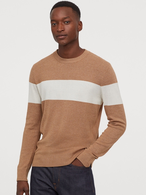 

H&M Men Beige & White Colourblocked Fine-Knit Jumper