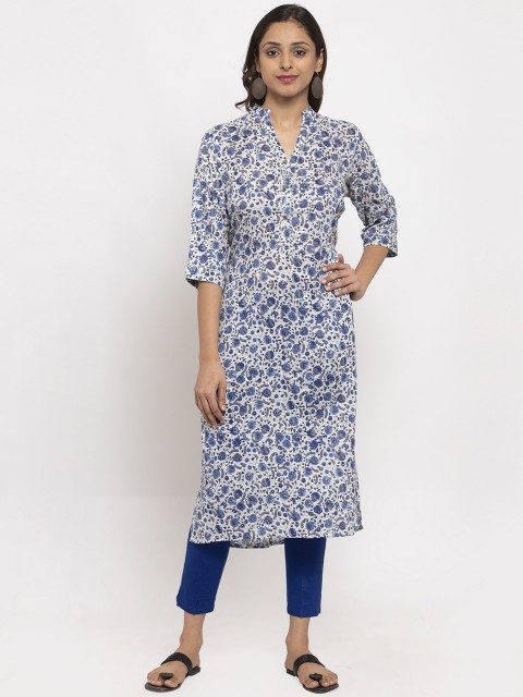 

TAG 7 Women Blue & White Printed Straight Kurta